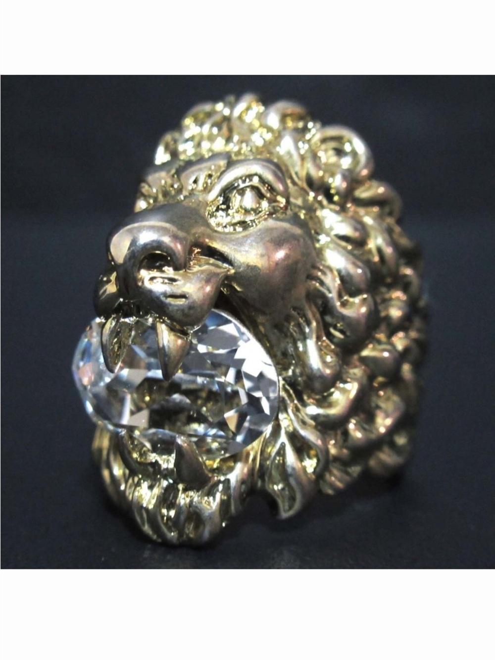 Gold Lion Head Ring with Clear Stone - Women Jewelry